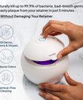 ShinePod Ultrasonic Retainer Cleaner With UV Light For Dental Pods Quick 5 Minute Deep Clean Bacteria Virus Plaque Removal Chemical Free Sanitizer For Braces Retainers And Aligners, white round unit