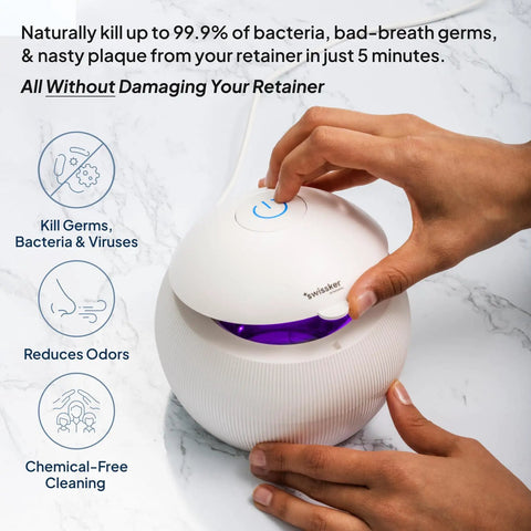 ShinePod Ultrasonic Retainer Cleaner With UV Light For Dental Pods Quick 5 Minute Deep Clean Bacteria Virus Plaque Removal Chemical Free Sanitizer For Braces Retainers And Aligners, white round unit