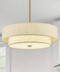 18 Inch Modern Drum Chandelier 4 Light Two Tier Linen Pendant With Brushed Gold Canopy, showcasing the soft beige linen and gold details.