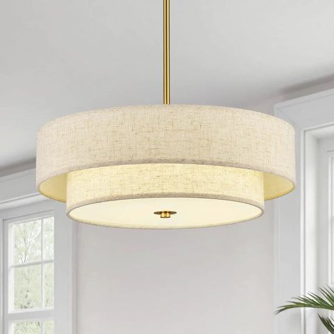 18 Inch Modern Drum Chandelier 4 Light Two Tier Linen Pendant With Brushed Gold Canopy, showcasing the soft beige linen and gold details.