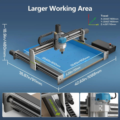 6060 CNC Router Machine With NEMA 23 Closed-Loop Stepper Motors And A Beefed-Up 710W Spindle, detailed work area and components.