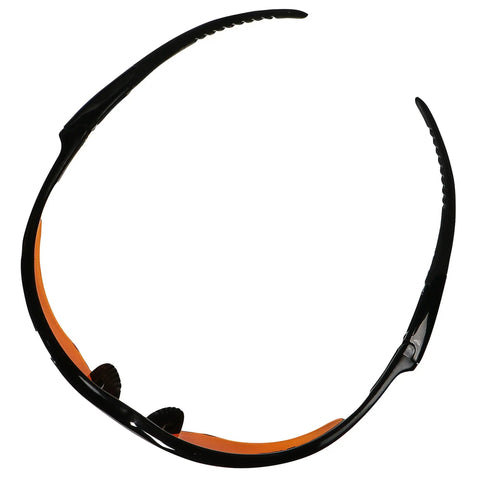 Top Tier Daily Grind Gear Heavy Duty Safety Glasses Featuring Copper Blue Shield Lenses Styled With Durable Black Frames side view showing ergonomic design.