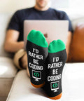 Epic Programmer Socks And Tech Gift For Men with 'I'd Rather Be Coding' design, perfect stocking stuffers for techies.