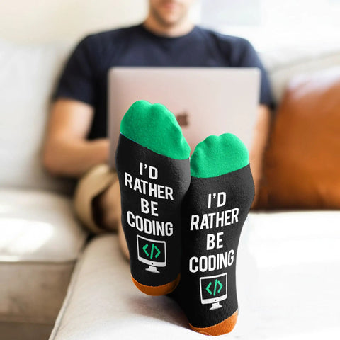 Epic Programmer Socks And Tech Gift For Men with 'I'd Rather Be Coding' design, perfect stocking stuffers for techies.
