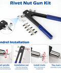 All In One Rivet Nut Tool Kit With 430 Pcs Metric Rivnuts Five Size Assortment M3 M4 M5 M6 M8 Hand Nutsert Tool Carbon Steel Rivet Nut Kit For Automotive Marine And Home Improvement mandrel installation instructions in manual