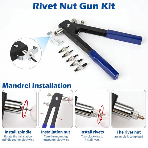 All In One Rivet Nut Tool Kit With 430 Pcs Metric Rivnuts Five Size Assortment M3 M4 M5 M6 M8 Hand Nutsert Tool Carbon Steel Rivet Nut Kit For Automotive Marine And Home Improvement mandrel installation instructions in manual
