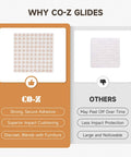 Comparison chart showing CO-Z 100 Piece Felt Cabinet Door Bumpers vs others, highlighting strong adhesive and impact reduction.