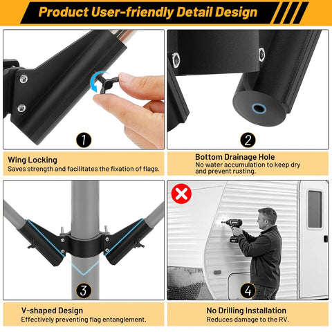 Heavy Duty RV Flag Pole Mount For Travel Trailer Tongue Jack Clamps On Without Drilling showing features and installation