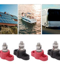 Battery Power Distribution Terminal Blocks Set Red and Black Insulated Ground Junction Posts with Single Studs for Cars and 12V 24V Systems Heavy Duty Durable Plastic Base Stainless Steel Bolts Brass Gaskets for Neat Wiring. Red and black terminal blocks for solar, boat, and RV wiring.