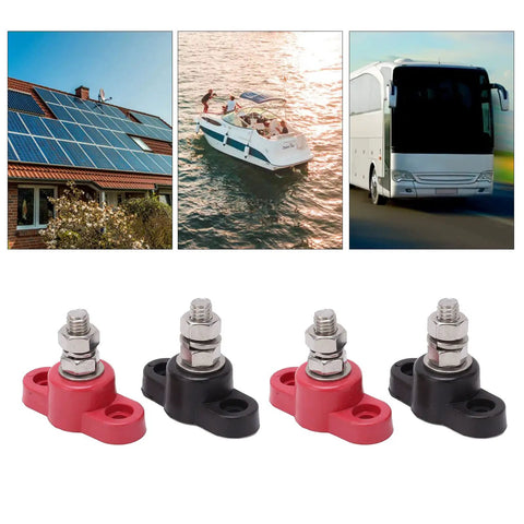 Battery Power Distribution Terminal Blocks Set Red and Black Insulated Ground Junction Posts with Single Studs for Cars and 12V 24V Systems Heavy Duty Durable Plastic Base Stainless Steel Bolts Brass Gaskets for Neat Wiring. Red and black terminal blocks for solar, boat, and RV wiring.