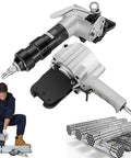Heavy Duty Pneumatic Metal Strapping Tool Set For Industrial Bundling No Power Needed Yet Packs A Punch in use with steel rods.