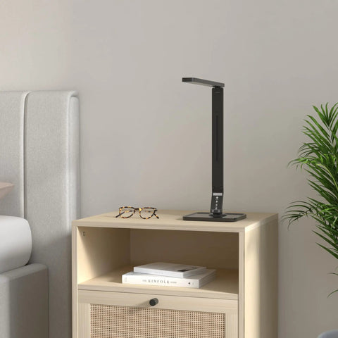 Eye Care LED Desk Lamp With 27 Recessed LEDs, 5 Brightness Levels, 4 Lighting Modes, USB Charging Port, 14W Power, Black Finish on desk