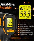 Epic Infrared Temperature Gun For Cooking And Grilling With Laser Precision, Fast Non Contact Readings In Under A Second, Wide Range From Minus 58 F To 1112 F And Minus 50 C To 600 C For Meat, Pizza Ovens, Candy, Grilling, HVAC And More black and orange infrared thermometer with LCD display