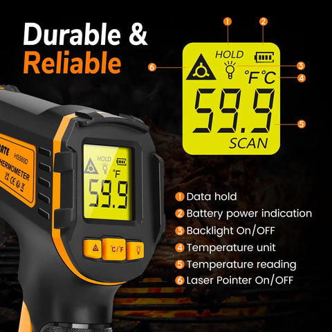 Epic Infrared Temperature Gun For Cooking And Grilling With Laser Precision, Fast Non Contact Readings In Under A Second, Wide Range From Minus 58 F To 1112 F And Minus 50 C To 600 C For Meat, Pizza Ovens, Candy, Grilling, HVAC And More black and orange infrared thermometer with LCD display