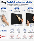 Straight Up Game Changer Peel And Stick Acoustic Wall Panels installation steps showing cleaning, peeling, and pressing 12 inch squares.