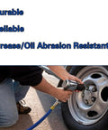 No BS 3 8 Inch Air Compressor Hose 50 Feet Long With Flexible Hybrid Rubber Build For Kicking Out Oil And Abrasion Issues Plus Being Weather Proof For Outside Use And Brass 1 4 MNPT Connectors Attaching To Any Tool You Got For Gritty Work, blue hose inflating truck tire