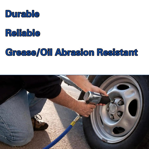 No BS 3 8 Inch Air Compressor Hose 50 Feet Long With Flexible Hybrid Rubber Build For Kicking Out Oil And Abrasion Issues Plus Being Weather Proof For Outside Use And Brass 1 4 MNPT Connectors Attaching To Any Tool You Got For Gritty Work, blue hose inflating truck tire
