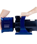 Side view of blue plastic submersible pond pump with black motor housing.