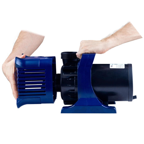 Side view of blue plastic submersible pond pump with black motor housing.