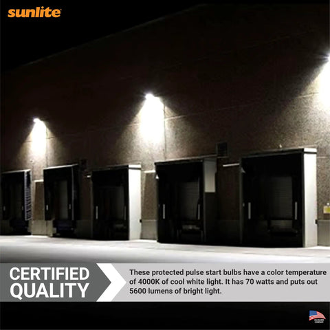 Outdoor loading dock illuminated with Protected 70-Watt Metal Halide Bulb With Medium Base For Outdoor And Commercial Lighting.