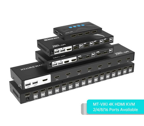 Rock Solid 16 Port HDMI KVM Switch Console with Four USB Hubs, stacked for multi-device management in a server setup.