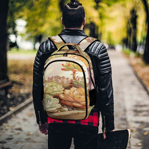 Man wearing Succulents Wooden Planter Print Backpack Unisex Large Capacity Durable Polyester for daily use in park