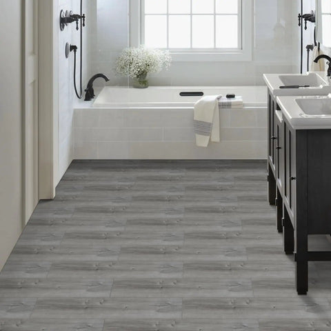 Bathroom with Self Adhesive Peel And Stick Floor Tile Set 10 Pack 15 Sq Ft Natural Grey Wood Grain Look Waterproof PVC Vinyl