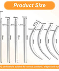 Diagram showing sizes of straight and curved tapers in the No-Fuss All In One Piercing Ball Grabber Tool Kit With 8 Tapers 14G 16G 18G 20G.