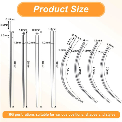 Diagram showing sizes of straight and curved tapers in the No-Fuss All In One Piercing Ball Grabber Tool Kit With 8 Tapers 14G 16G 18G 20G.