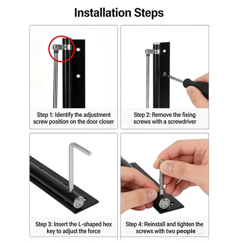 Installation steps for Heavy Duty Stainless Steel Door Closer For Home Use With Safety Spring Adjustable Closing And Catch Speed Includes Screws And Wrench Easy Install No Fuss Rust Resistant 201 Stainless Supports Doors Up To 132 Pounds.