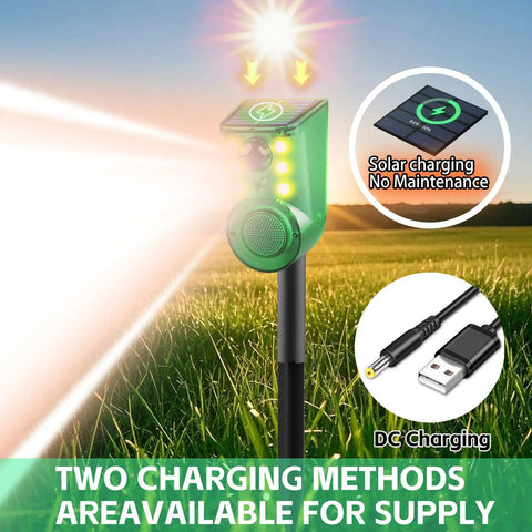 Solar Outdoor Motion Sensor Alarm With Ultrasonic Detection 129dB Siren Strobe Light For Home Villa Yard Farm Barn Chicken Coop 5 Adjustable Modes Day And Night Security System, solar charging and DC cable
