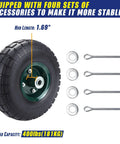 Four Pack 10 Inch Flat Free Airless Tires With Five Eighth Inch Center Bearings shown with hardware accessories