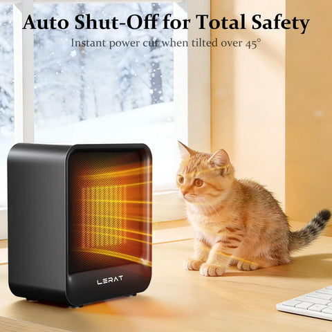 Compact 1200W PTC Ceramic Space Heater For Indoor Use Crazy Fast Heat Desk Warmer with kitten by window