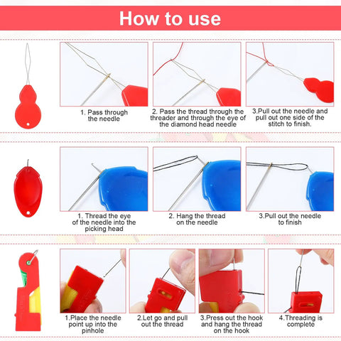 Diagram showing steps for using the 10 Pack Automatic Needle Threader Set Easy No Fuss Needle Threading Tool for Sewing and Embroidery.