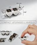 Built Tough 0.5 Inch Double Roller Mini Caster Wheels With Flat Steel Mount shown in detail with measurements and hand placement.