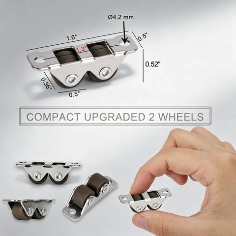 Built Tough 0.5 Inch Double Roller Mini Caster Wheels With Flat Steel Mount shown in detail with measurements and hand placement.