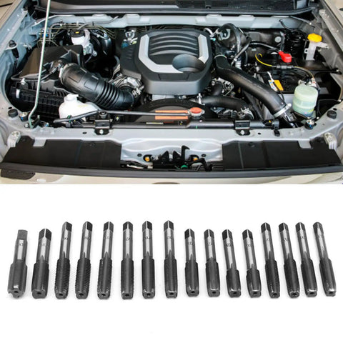 The Ultimate 11 Piece Tap And Die Set For Garage Hacks And Workshop Wizardry. Crafted From High Grade Tool Steel, This Precision Threading Kit Makes Taping Easy Without Breaking Your Hands Or Budget. 11-piece tap and die set beside car engine