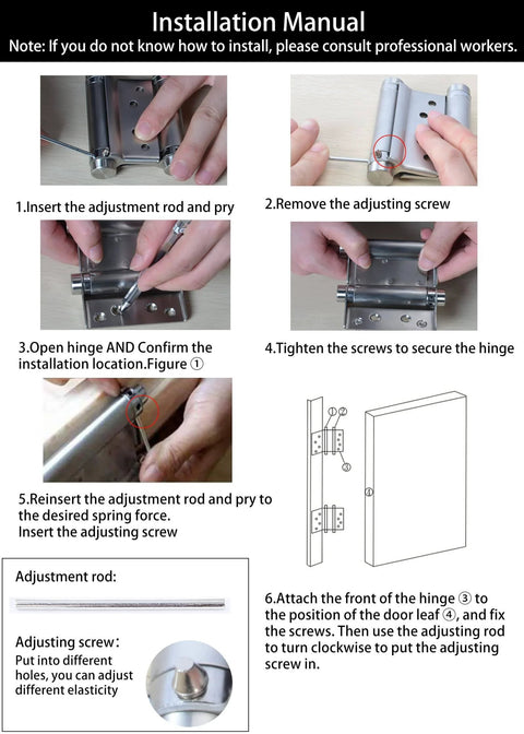 Installation manual for 4 Pack Double Action Spring Hinges Self Closing For Saloon Cafe Pub Swing Doors 201 Stainless Steel Durable Hinges.