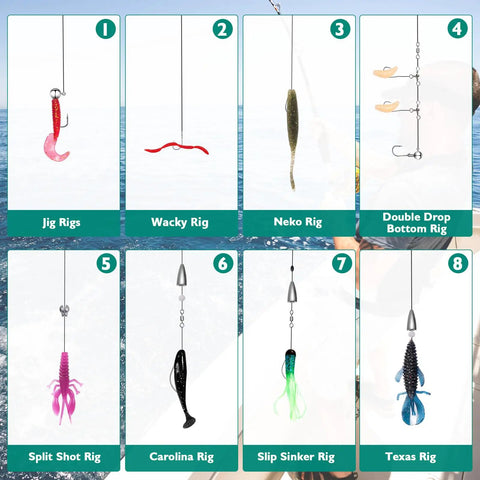 All In One 126 Piece Fishing Lure Kit With Tackle Box Included For Freshwater Angling show eight rig types on aquatic background.