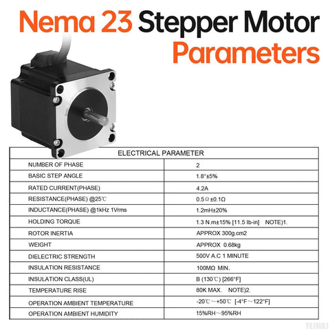 Front view of a black Nema 23 stepper motor with silver faceplate, exposed shaft, and attached cable