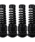 4 Pack NPT One Half Inch Waterproof Cable Glands For Six To Twelve Millimeter Cables, Adjustable Strain Relief Bushing, Nylon Body, Keeps Your Wiring Dry, Sealed And Protected Anywhere. Black nylon 1/2 NPT cable glands, four-pack