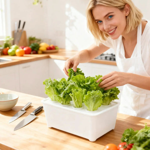 Woman using Six Hole Hydroponics Grow Box Kit For Indoor Outdoor Garden Soilless Cultivation System With Root Friendly Design