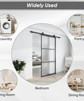 42 By 84 Inch Aluminum Glass Barn Door Panel Frosted Tempered Glass Slab For Easy DIY Install No Hardware Included installed in room with icons showing use in laundry, pantry, bedroom, living room, dining room.