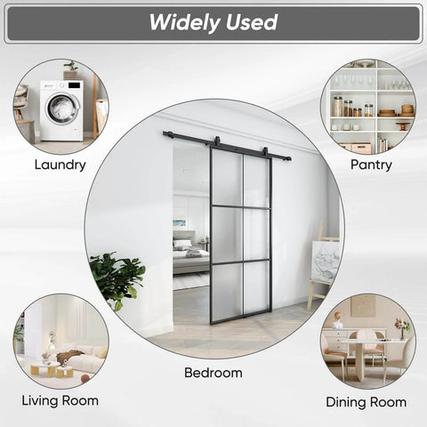 42 By 84 Inch Aluminum Glass Barn Door Panel Frosted Tempered Glass Slab For Easy DIY Install No Hardware Included installed in room with icons showing use in laundry, pantry, bedroom, living room, dining room.