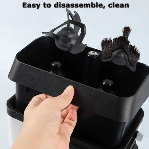 No Sweat Automatic Portafilter Cleaner And Knock Box For 58mm Espresso Filter Holders showing disassembled parts for easy cleaning.