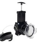 Must-Have RV Gate Valve With Built-In Clear Adapter And Four Bayonet Prongs, fits 3 inch sewer fittings, shown with handle and adapter
