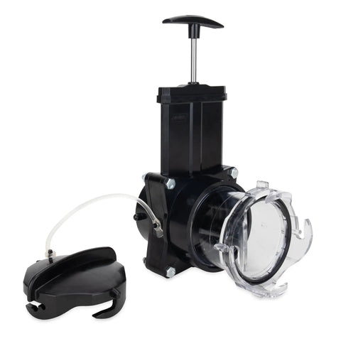 Must-Have RV Gate Valve With Built-In Clear Adapter And Four Bayonet Prongs, fits 3 inch sewer fittings, shown with handle and adapter