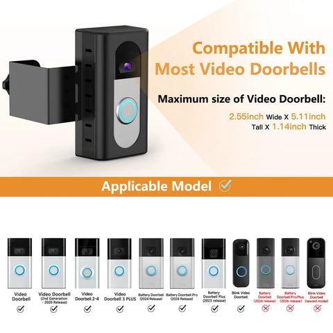 Anti-Theft Video Doorbell Mount For Most Video Doorbells Easy Install No-Drill Bracket with wedge adapter and compatibility chart