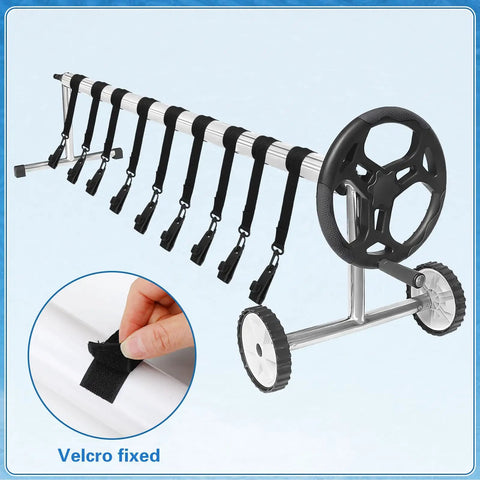 Lock That Heat In Tight With This Rock Solid 30 Piece Solar Cover Strap Kit Featuring Non Slip Clips And Heavy Duty Loop Tape For Any Inground Or Above Ground Pool, showing pool cover roller with black straps.