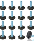 Sixteen Pack M6 Threaded Furniture Levelers Adjustable Screw In Leg Glides, black base, blue screws for stable furniture.